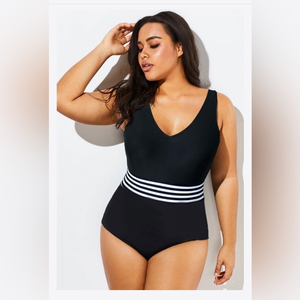 Black & White Striped V-Neck One Piece Swimsuit